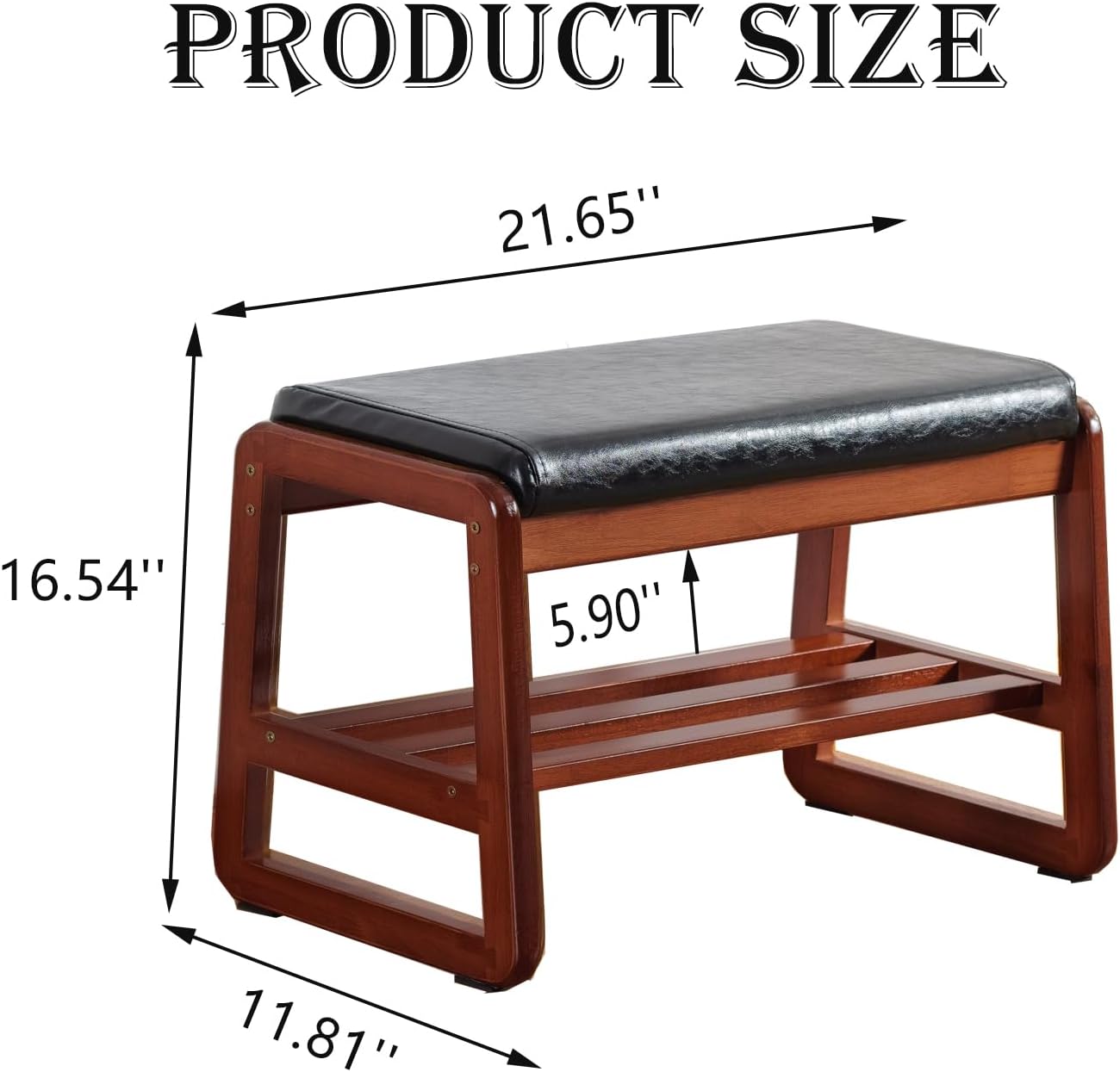 latifolia Solid Wood Bench, Entryway Shoe Bench with Cushion, 2 Tier Shoe Storage Organizer for Hallway, Living Room(Black,21.65''L)