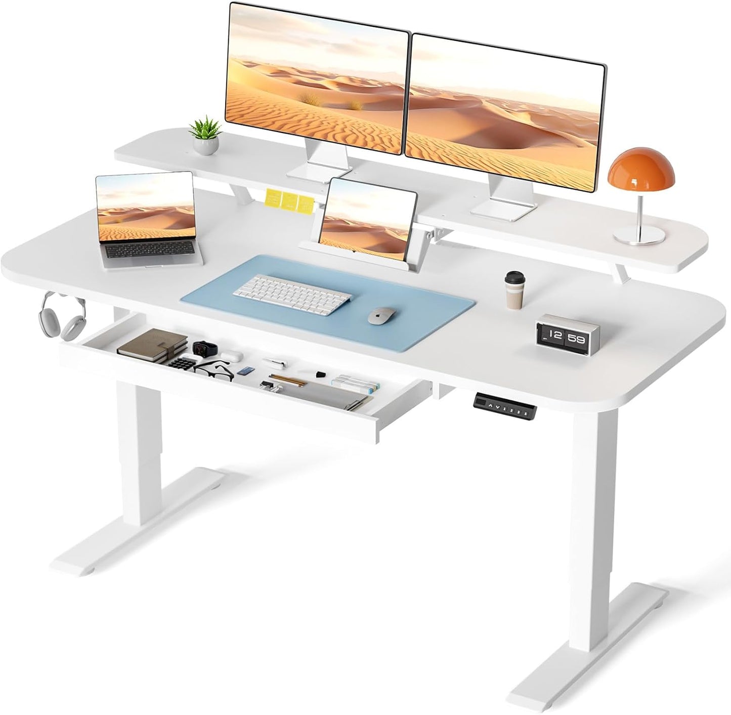 COMHOMA Electric Standing Desk with Drawers, 48 x 24'' Sit Stand up Desk with Monitor Stand, Laptop Stand, Height Adjustable Ergonomic Home Office Computer Desk with Memory Preset Controller