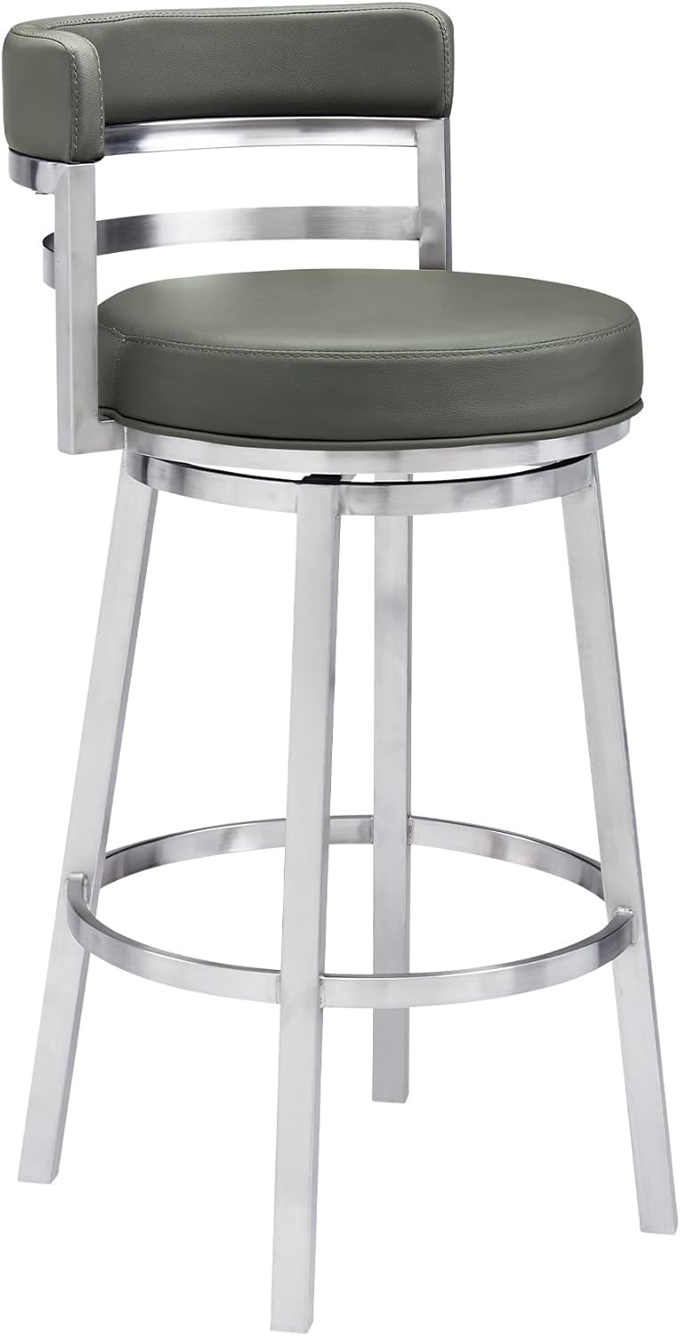 Armen Living Titana 30" Bar Height Swivel Grey Faux Leather and Brushed Stainless Steel Bar Stool