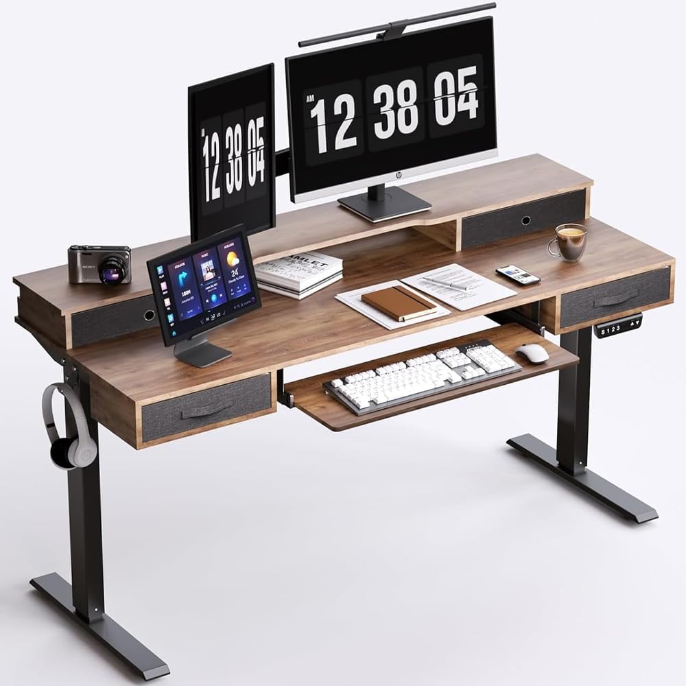 Electric Standing Desk, 55" Standing Desk Adjustable Height, Adjustable Desk with 4 Drawers, Ergonomic Adjustable Sit Stand Desk with Keyboard Tray, Rustic Brown