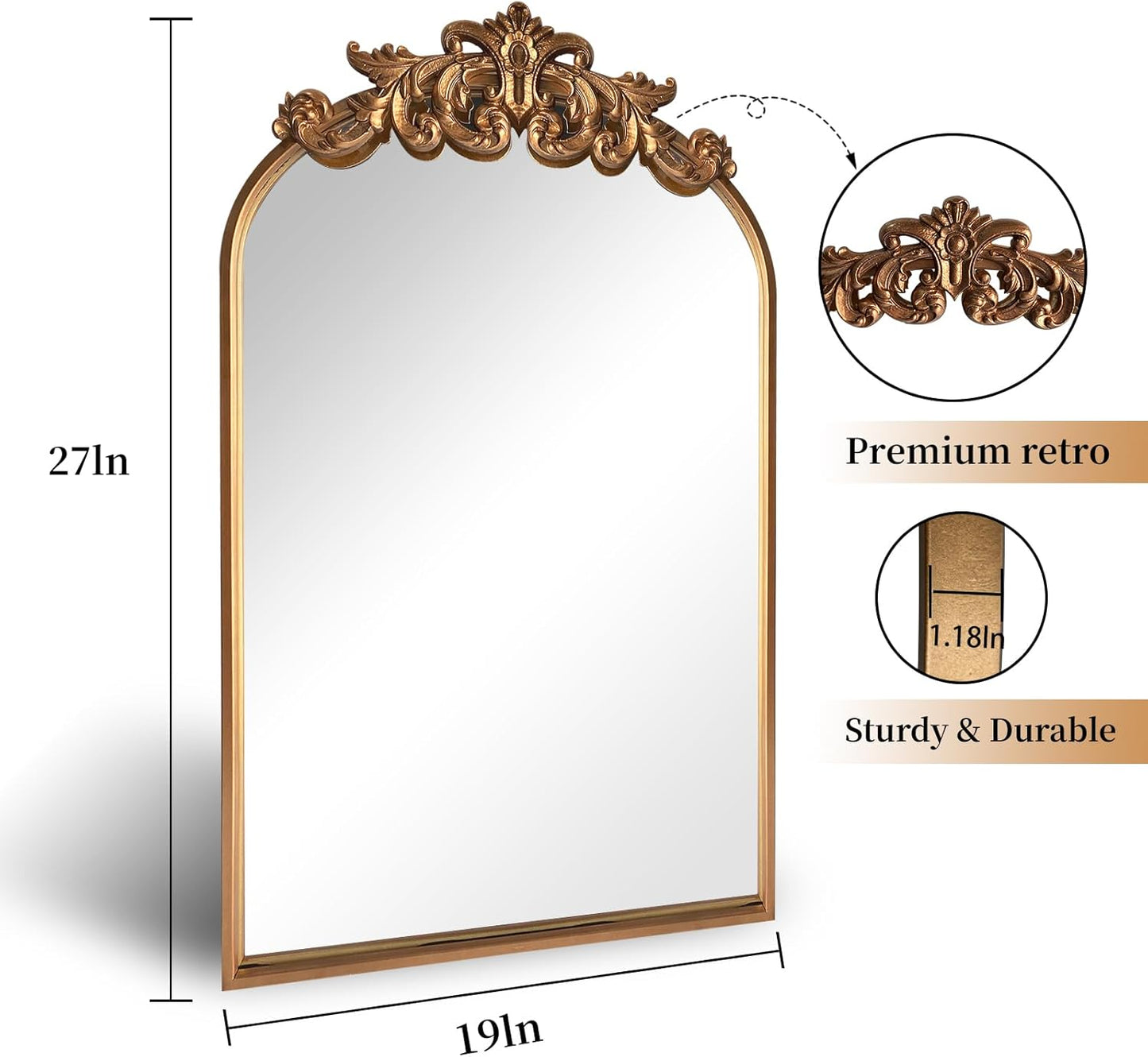 WAMIRRO Ornate Gold Mirror,Vintage Arched Baroque Antique Mirorrs for Living Room Hallway Fireplace Bathroom Entryway 19"X27"