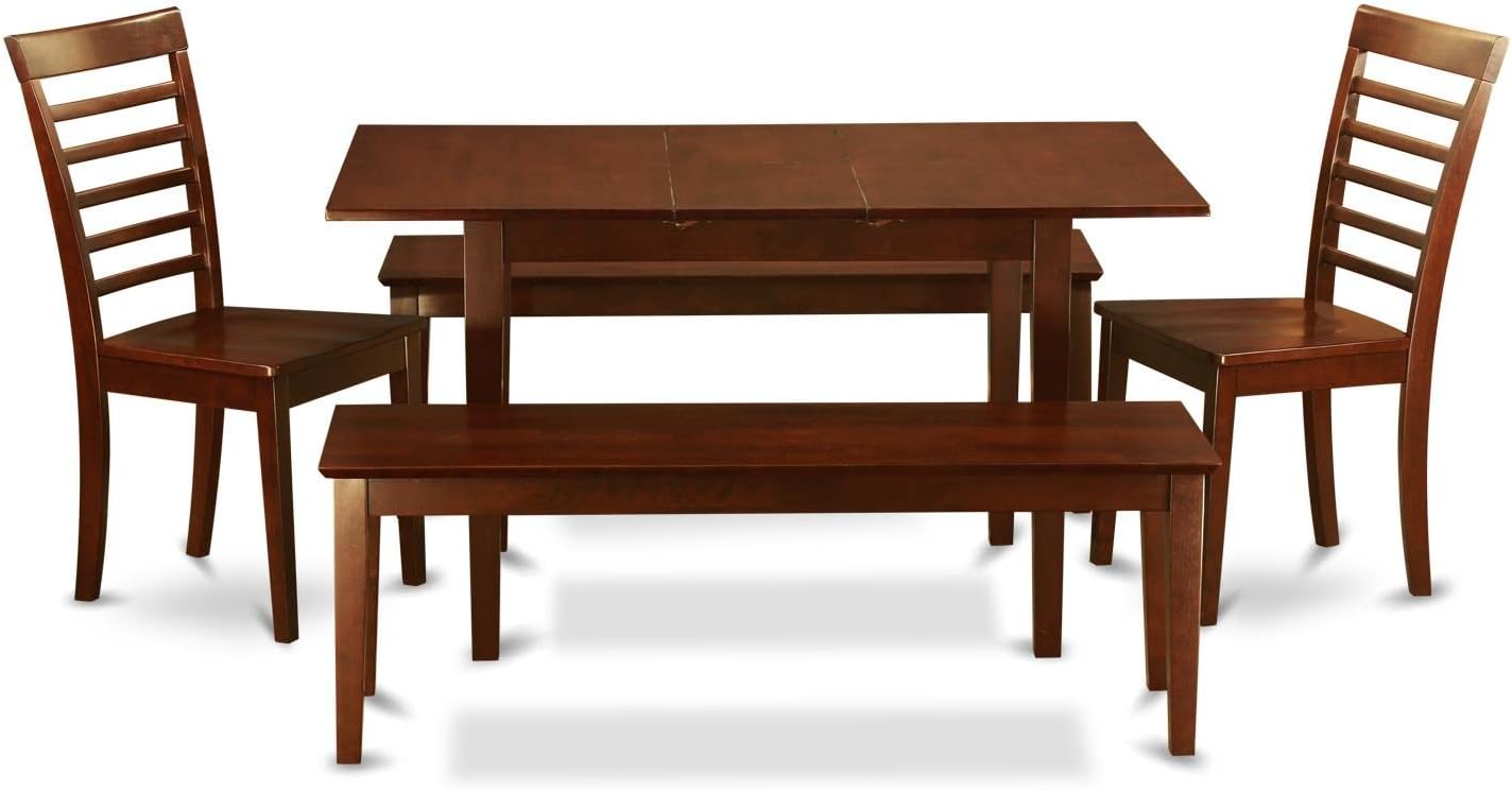 East West Furniture NOML5C-MAH-W 5 Piece Dining Table Set for 4 Includes a Rectangle Kitchen Table with Butterfly Leaf and 2 Dining Room Chairs with 2 Benches, 32x54 Inch, Mahogany