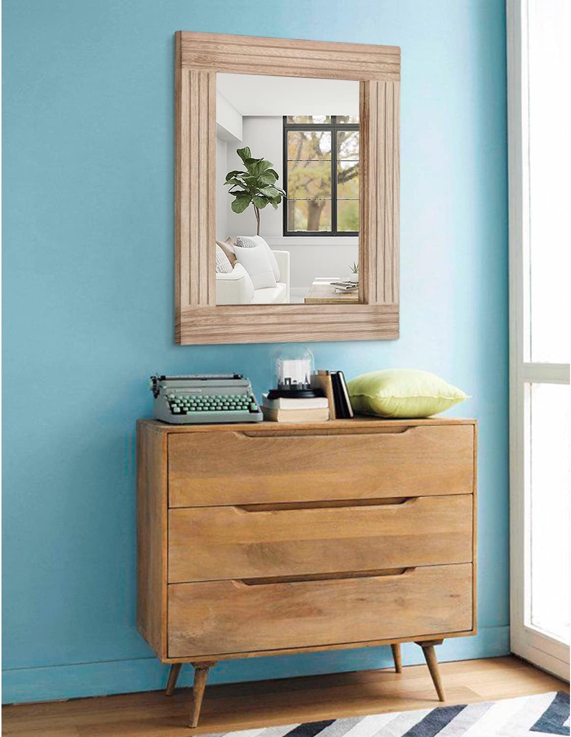 Rectangle Mirror Retro Wooden Wall-Mounted Mirrors Farmhouse Bedroom Bathroom Vanity Entrance Decorative Antique Hanging Mirror Large 20"x16"