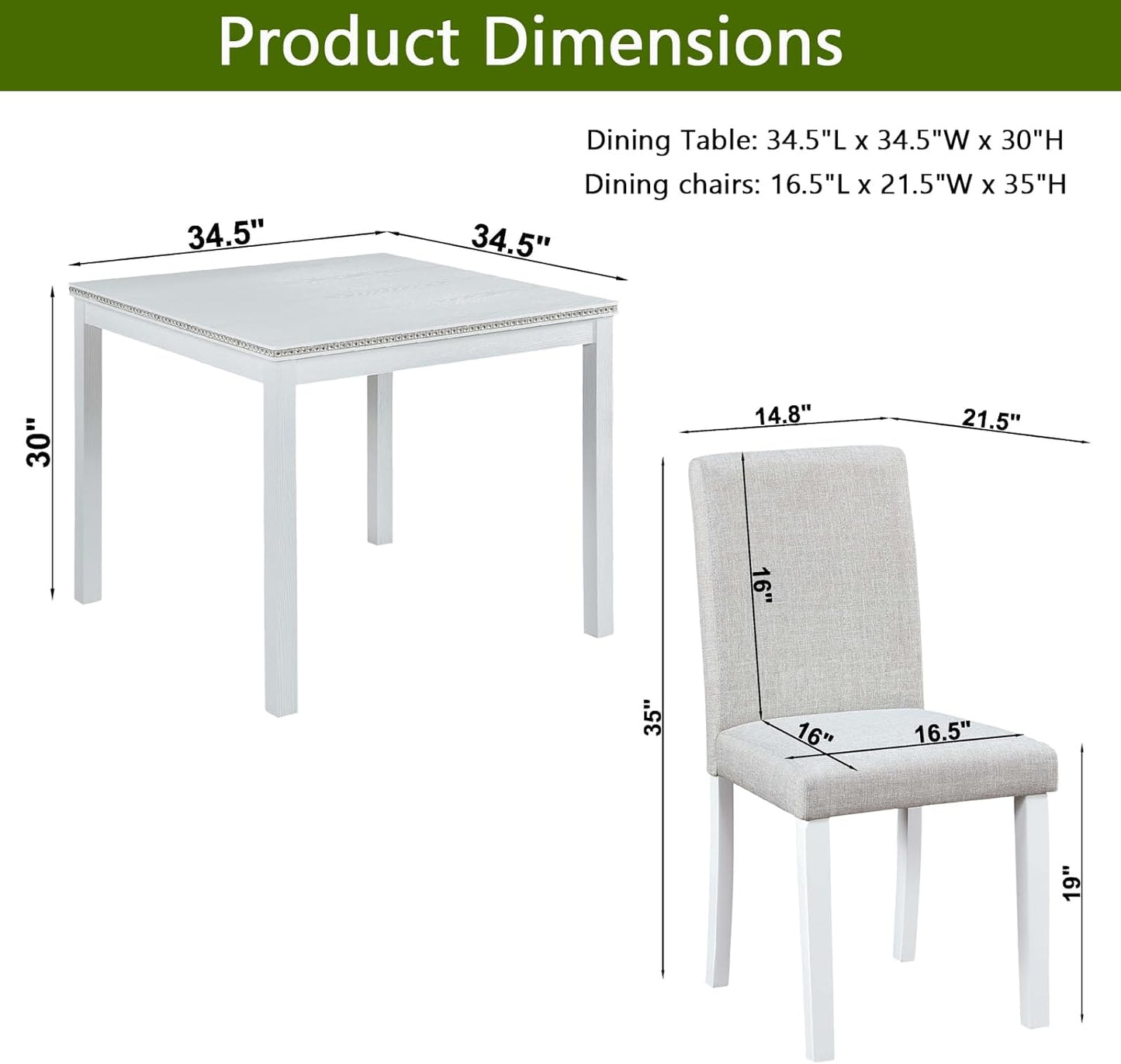Ball & Cast 5 Piece Dining Table Set,Kitchen Table Set for 4 W/ 34.5" Square Wooden Dining Table,Living Room Furniture W/ 4 Upholstered Chairs,for Dining Room,Kitchen,Restaurant,White