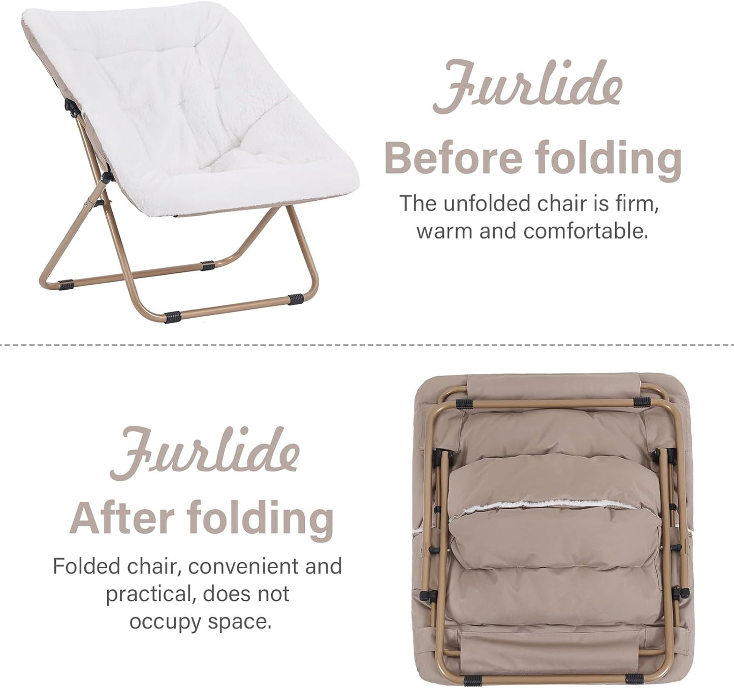 Saucer Chair with Ottoman, Comfy Bedroom & Living Room Chairs, Foldable Metal Frame Chair (White)