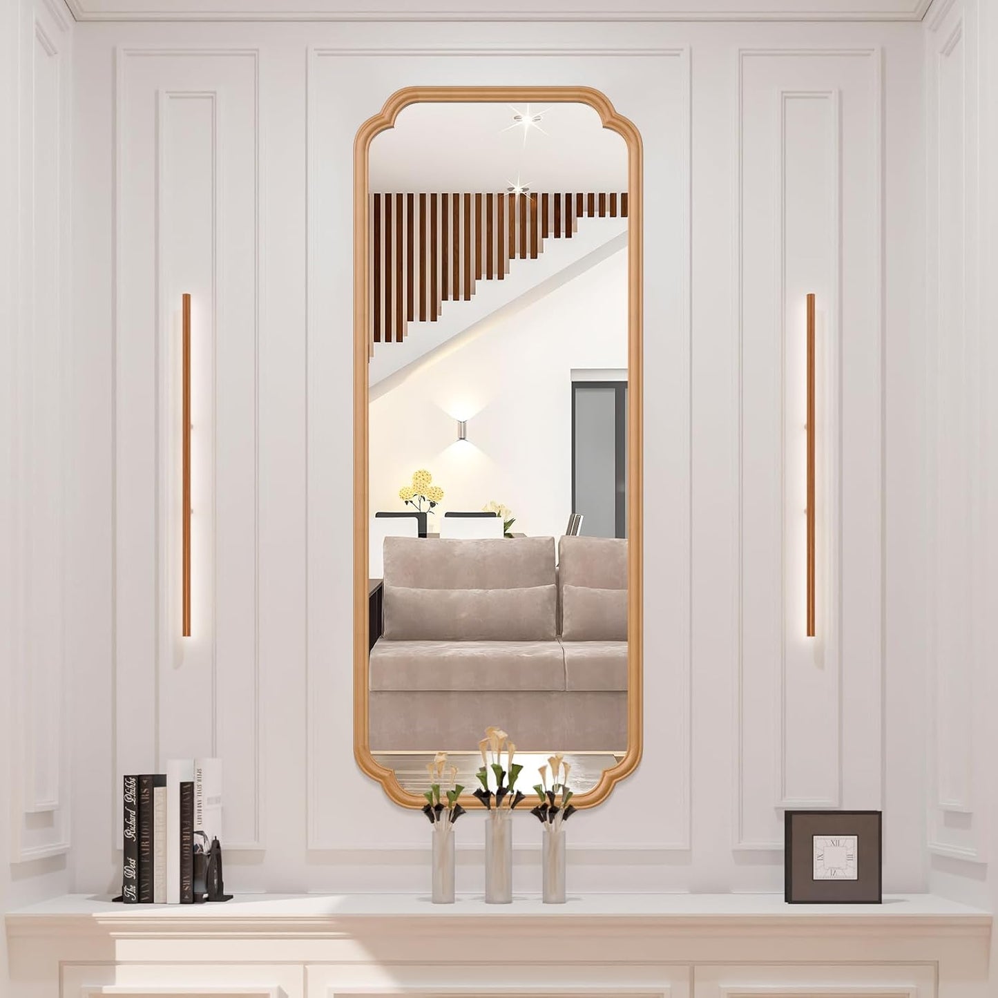 Natural Wood Framed Bathroom Mirror for Wall, 60X24 Inch Wood Bathroom Vanity Mirror Farmhouse, Large Rounded Rectangle Mirror, Tempered Glass, Hangs Horizontally or Vertically