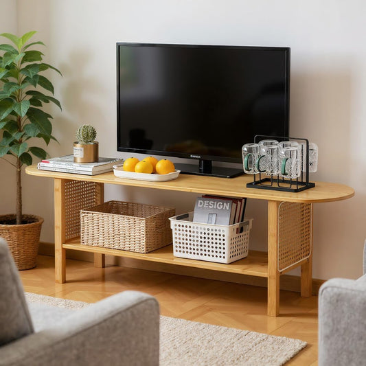 Tiita TV Stand with Storage for TVs up to 65'', Bamboo TV Console Entertainment Center with 2 Open Shelf, Mid Century Modern Media Console for Living Room, Bedroom, Wood