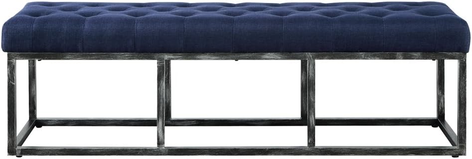 24KF Upholstered Tufted Long Bench Seats with Metal Frame Leg, Linen Bench Ottoman with Padded Seat-Navy Blue