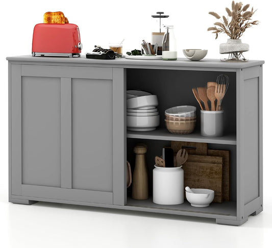 Costzon Sideboard Buffet Cabinet, Wooden Kitchen Storage Cabinet with Adjustable Shelf, Sliding Barn Door, Accent Coffee Bar Cabinet Console Table for Living Room, Dining Room, Hallway (Grey)