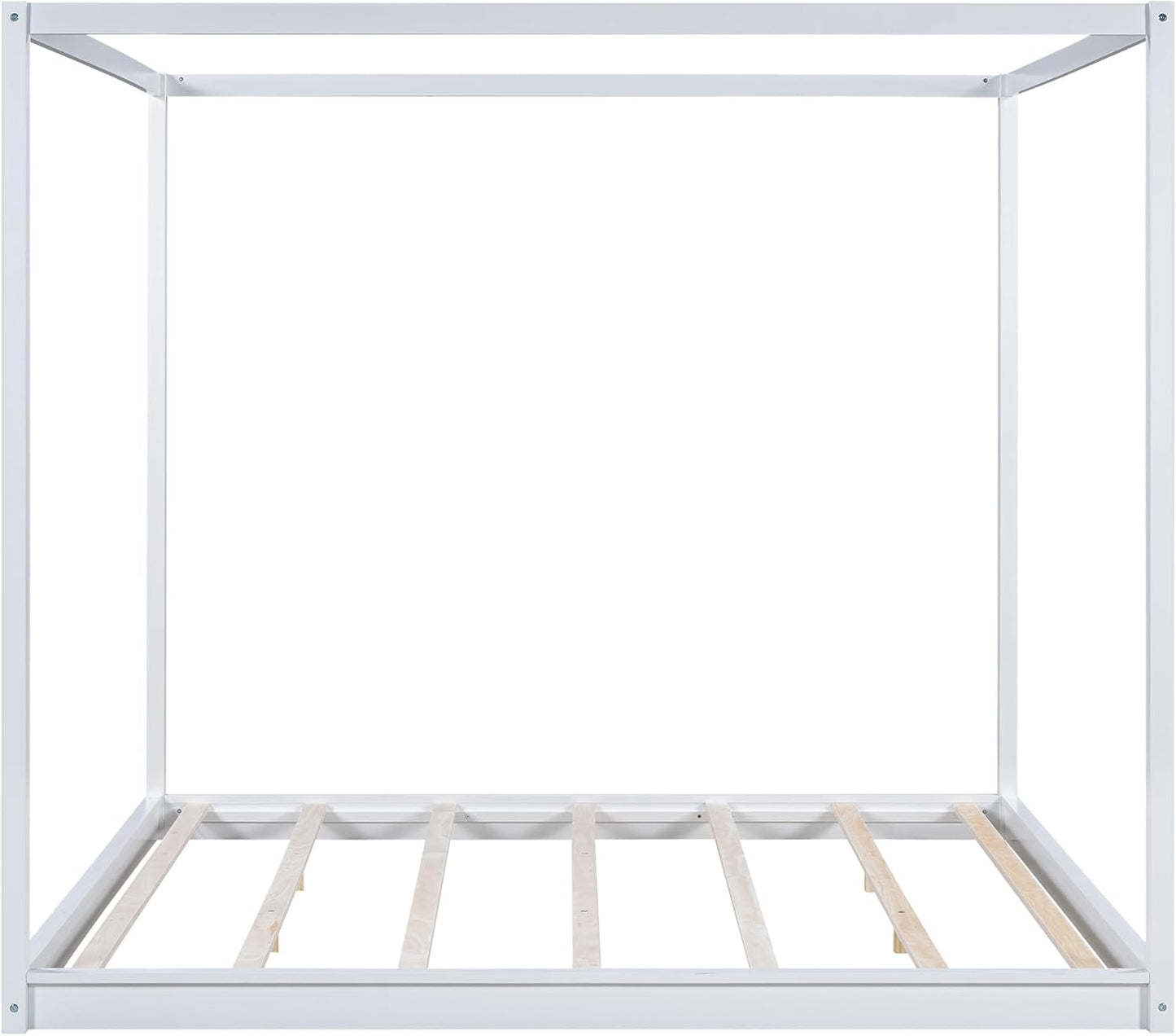 King Size Canopy Platform Bed with Support Legs,Solid Wood Bed Frame,4-Post Canopy-Platform-Bed for Kids Teens Adults, No Box Spring Needed,White