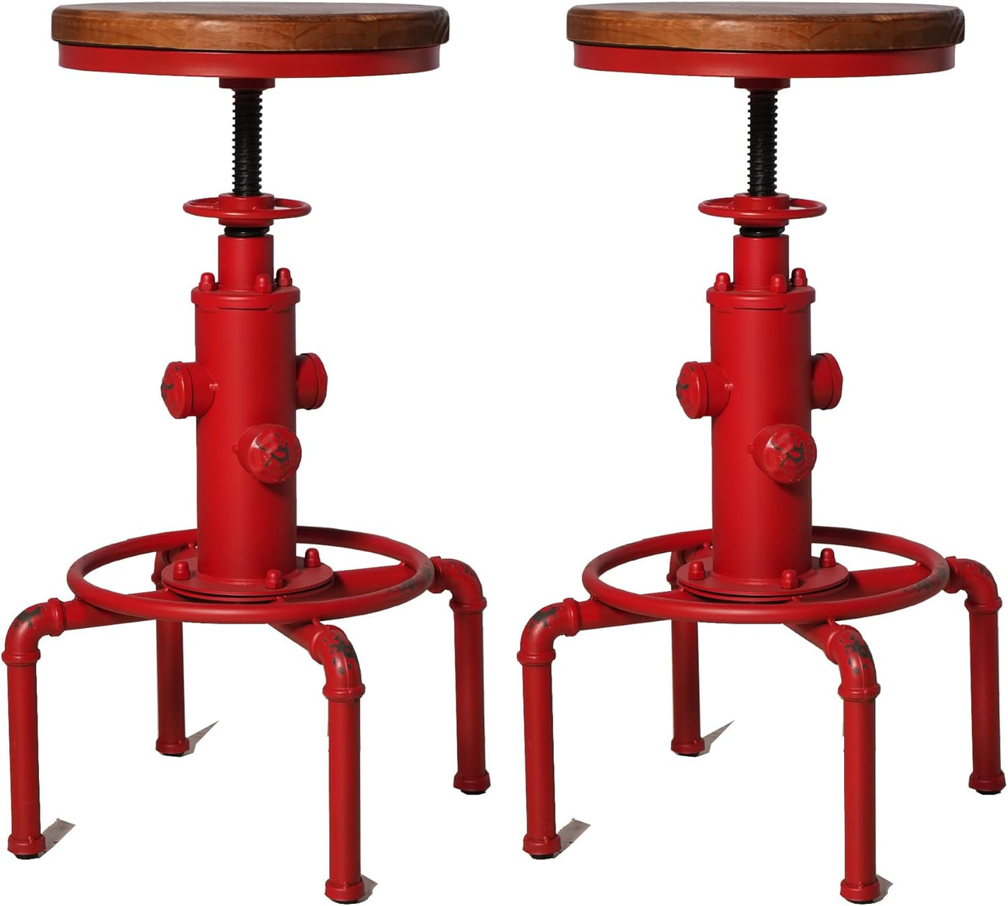 Topower Aged Antique Vintage Industrial Barstool Solid Wood Water Pipe Fire Hydrant Design Cafe Coffee Industrial Bar Stool Set of 2 Antique Red