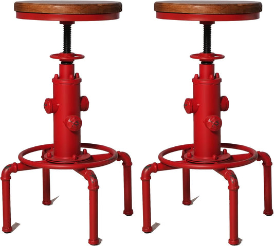 Topower Aged Antique Vintage Industrial Barstool Solid Wood Water Pipe Fire Hydrant Design Cafe Coffee Industrial Bar Stool Set of 2 Antique Red