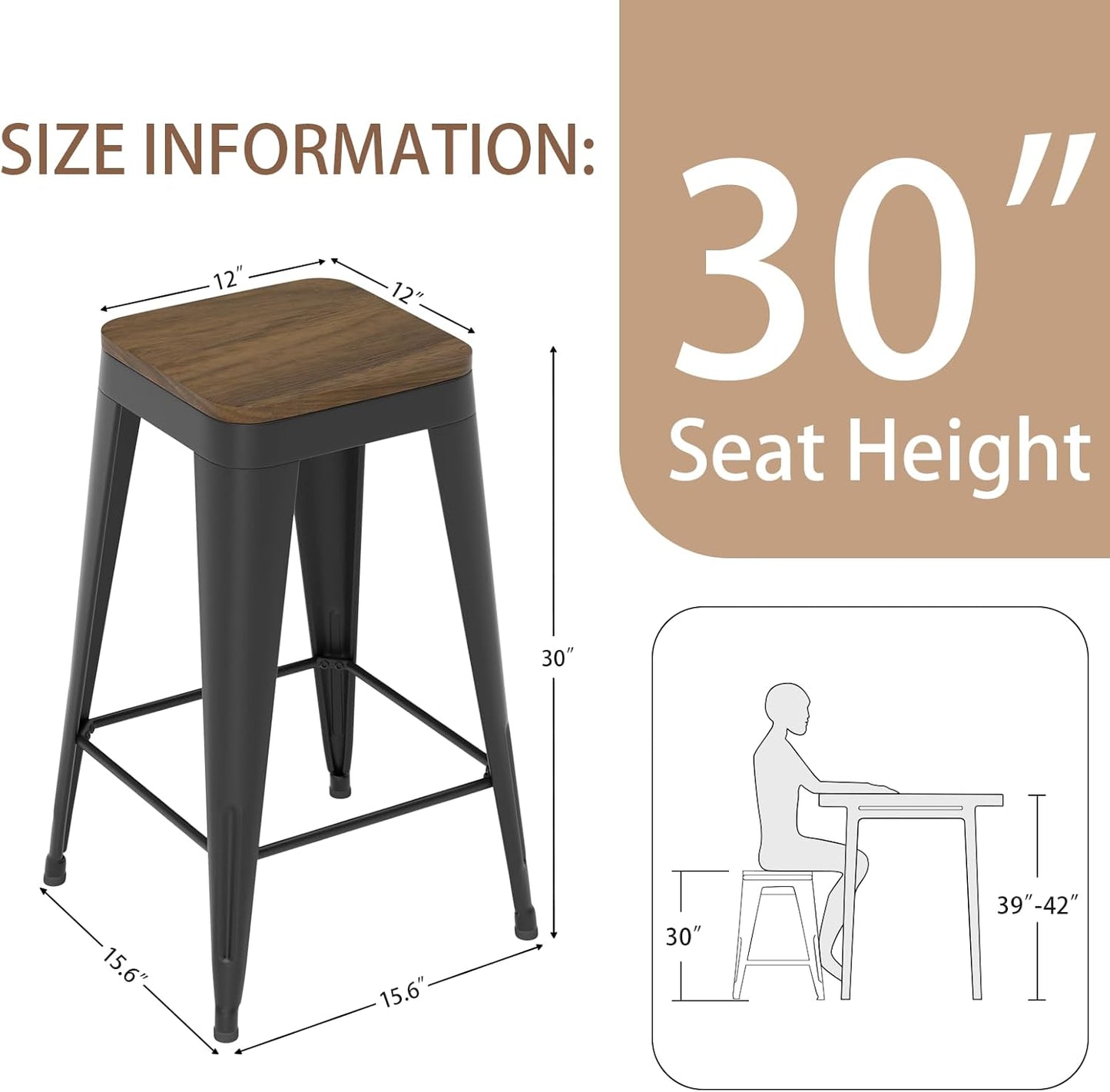 30 inch Backless Bar Stools Set of 4, Indoor Metal Bar Stools with Wood Seat, Industrial Counter Height Barstools for Kitchen Island, Black