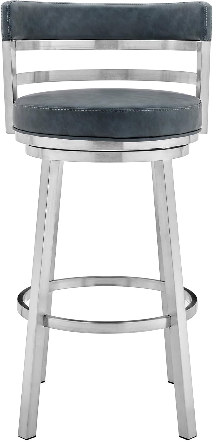 Armen Living Titana 26" Counter Height Swivel Blue Faux Leather and Brushed Stainless Steel Bar Stool