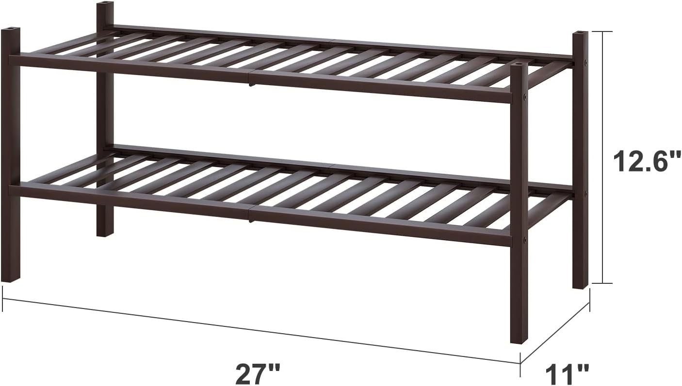 2-Tier Shoe Rack for Entryway, Bamboo Shoe Rack for Closet, Free Standing Shoe Racks for Indoor Outdoor, Stackable Shoe Shelf Storage Organizer for Hallway Closet