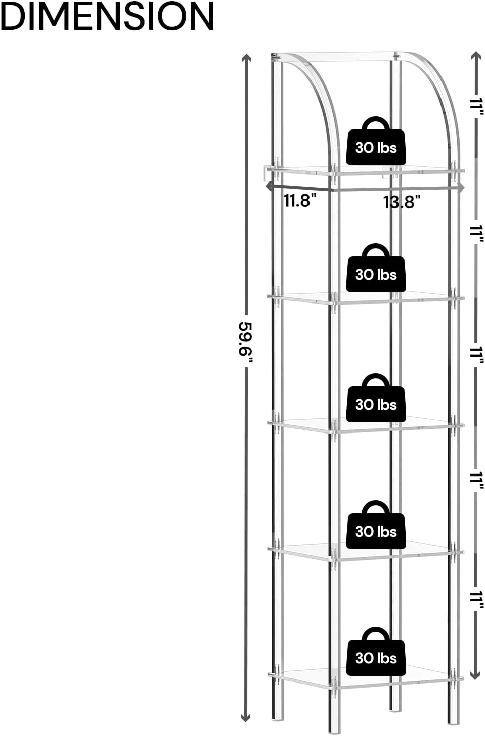 5-Tier Acrylic Arched Bookcase, Square Legs, 13.8''W x 11.8''D x 59.6''H, Clear Narrow Bookshelf for Small Space, Unique Book Shelves for Home Office, Living Room, Bedroom, Modern