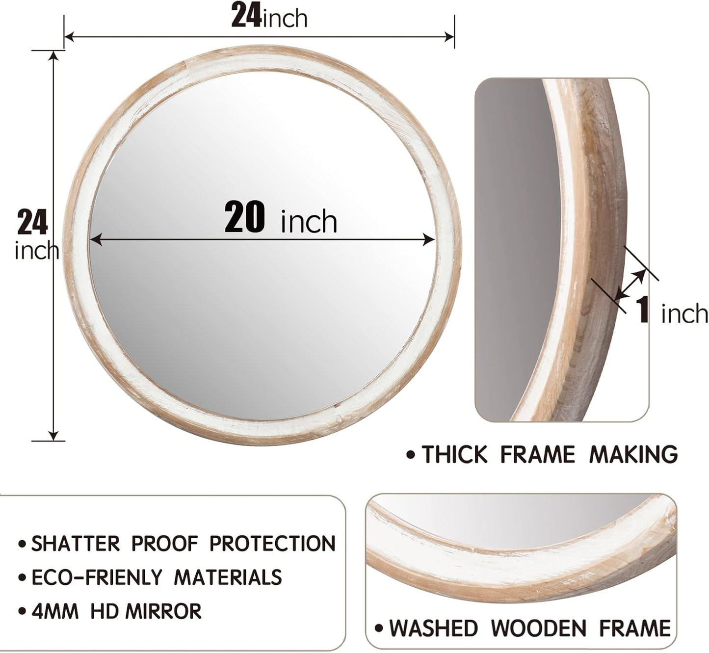 24 Inches Wooden Round Wall Mirror for Bathroom Vanity, Farmhouse Decorative Circle Mirrors with Whitewash Edge, for Bedroom, Entryway, Living Room, Kithen, Home, Office