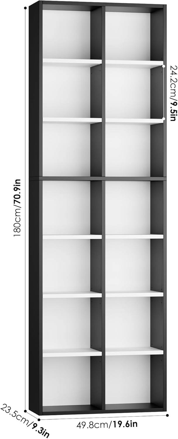 FOTOSOK 71'' Tall Bookshelf, Double Wide Media Tower Rack CD DVD Rack Display Cabinet with Adjustable Shelves, Tall Narrow Bookcase Bookshelf for Home Office, White/Black