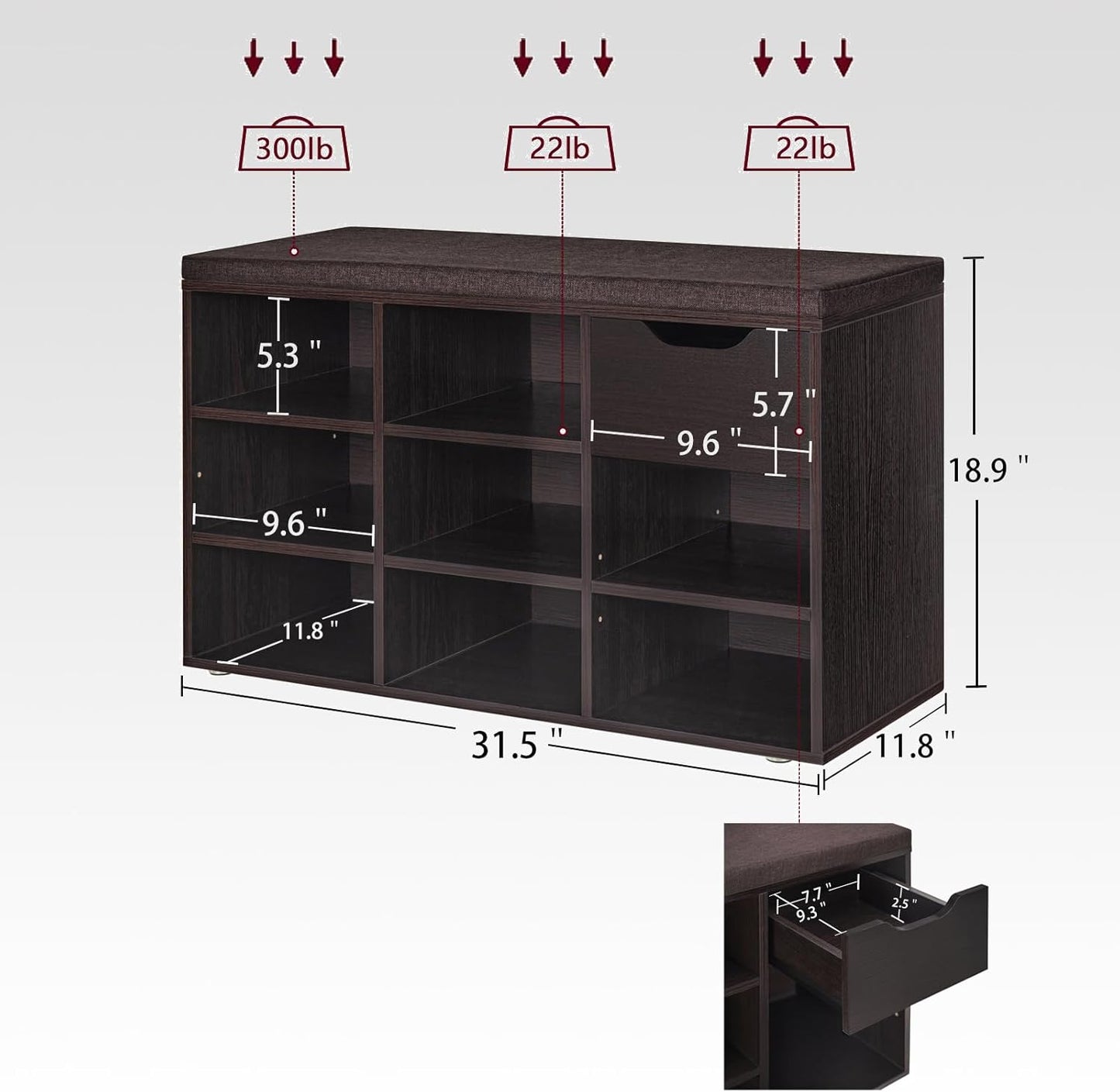 DINZI LVJ Shoe Bench,Entryway Storage Bench with Drawer and 8 Cubbies,Cubby Rack Adjustable Shelves,Shoe Organizer Cabinet for Living Room,Bedroom,Mudroom,Closet Garage,Espresso