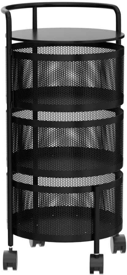 JAQ Rotating Storage Shelves Rack for Kitchen, 3-Tier Multi Layer Removable Basket Shelf Organizer on Rolling Wheels for Fruit Vegetable Grocery Corns Potato Onion (3-Tier, Black)
