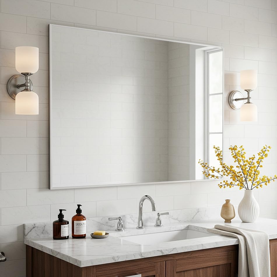 30x40 Inch Silver Bathroom Mirror - Copper-Free Mirror, Aluminum Alloy Frame Vanity Rectangle Wall Mounted Modern Mirror for Bedroom/Living Room/Porch Horizontal or Vertical