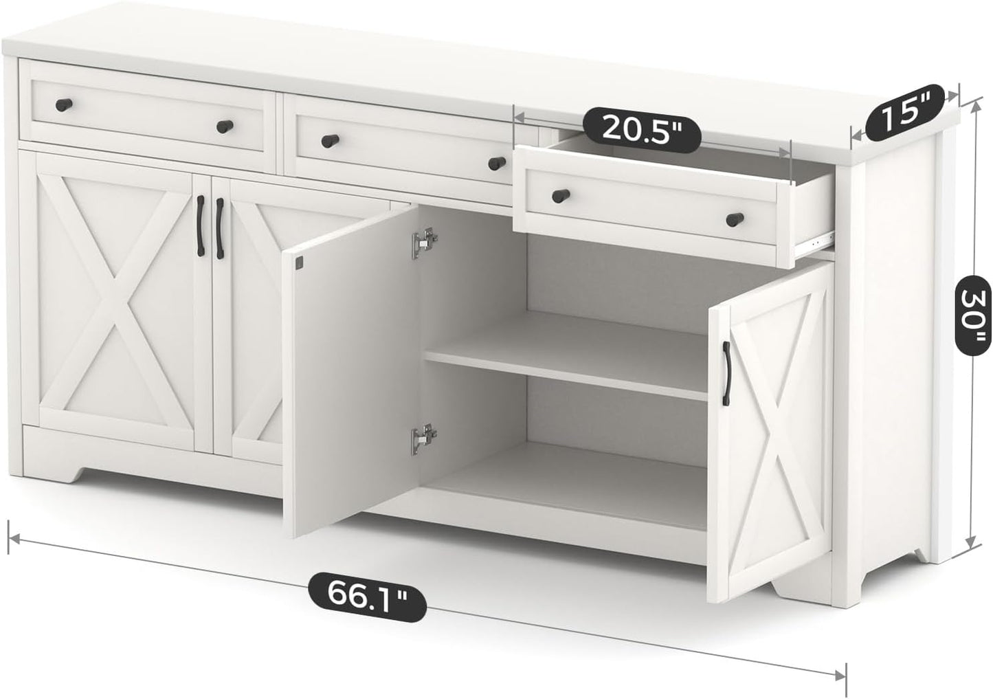 66'' Farmhouse Sideboard Buffet Cabinet with Storage, Large Kitchen Storage Cabinet with Barn Doors Drawers, White Coffee Bar Table for Dining Room Kitchen