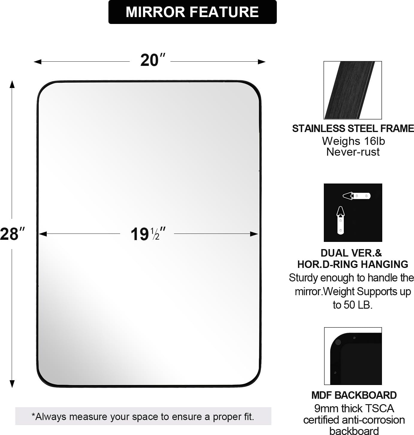 ANDY STAR Wall Mirror for Bathroom, 20”x28” Black Bathroom Mirror, Rounded Rectangle Mirror in Premium Stainless Steel Metal Frame Hangs Horizontal Or Vertical