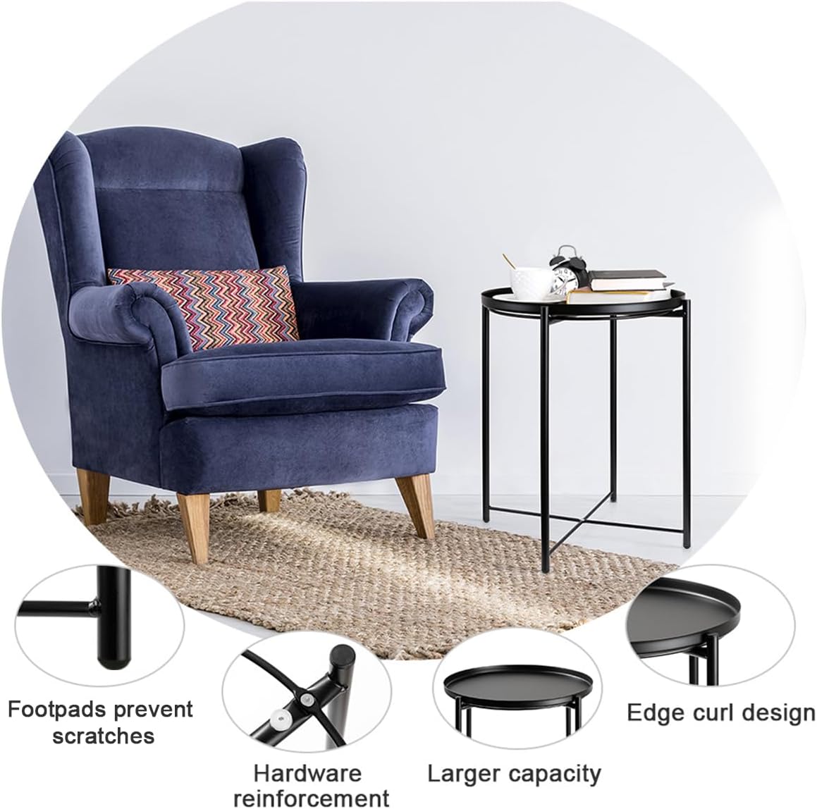 danpinera Metal Black Side Table for Small Spaces Outdoor Patio Table Round Metal Coffee Table Waterproof Removable Tray Table for Living Room Bedroom Balcony Office Black