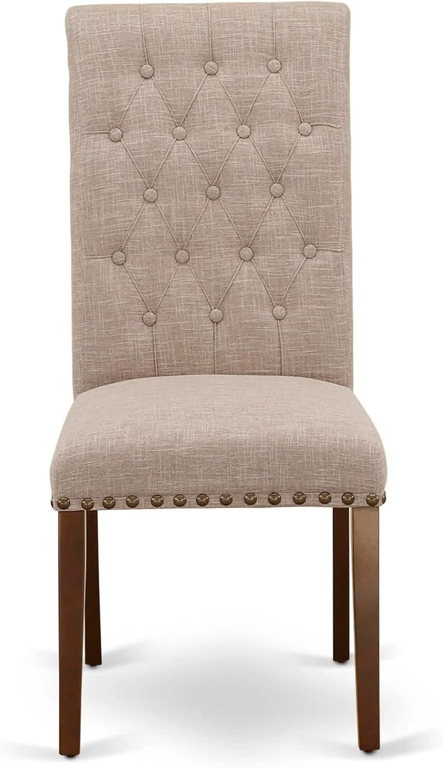 East West Furniture ESBR3-MAH-04 3 Piece Modern Dining Table Set Contains a Round Wooden Table with Pedestal and 2 Light Tan Linen Fabric Parson Dining Chairs, 30x30 Inch, Mahogany