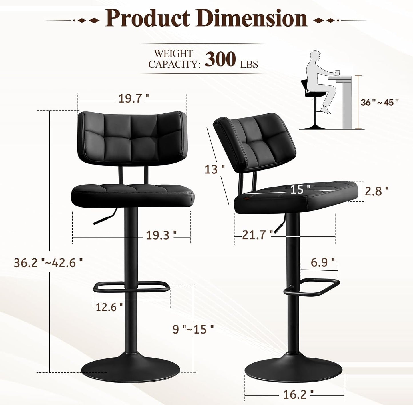 Furniliving Upholstered Bar Stools Set of 4, Faux Leather Swivel Bar Stools with Back, Adjustable Counter Height Barstools for Kitchen Island, Dining Space, Black