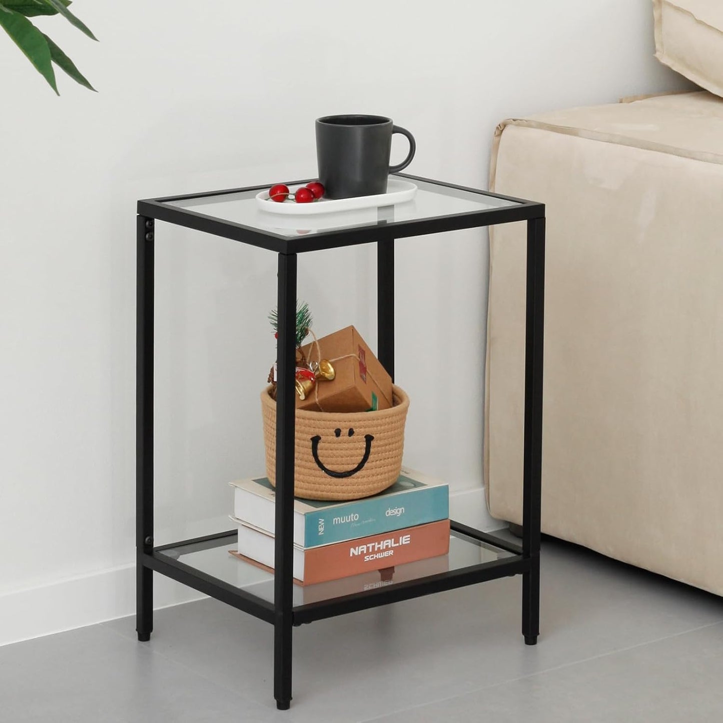 Modern 2-Tier Tempered Glass End Table - Stylish Black Metal Side Table for Small Spaces, Perfect for Living Room & Bedroom (Black, 1PCS)