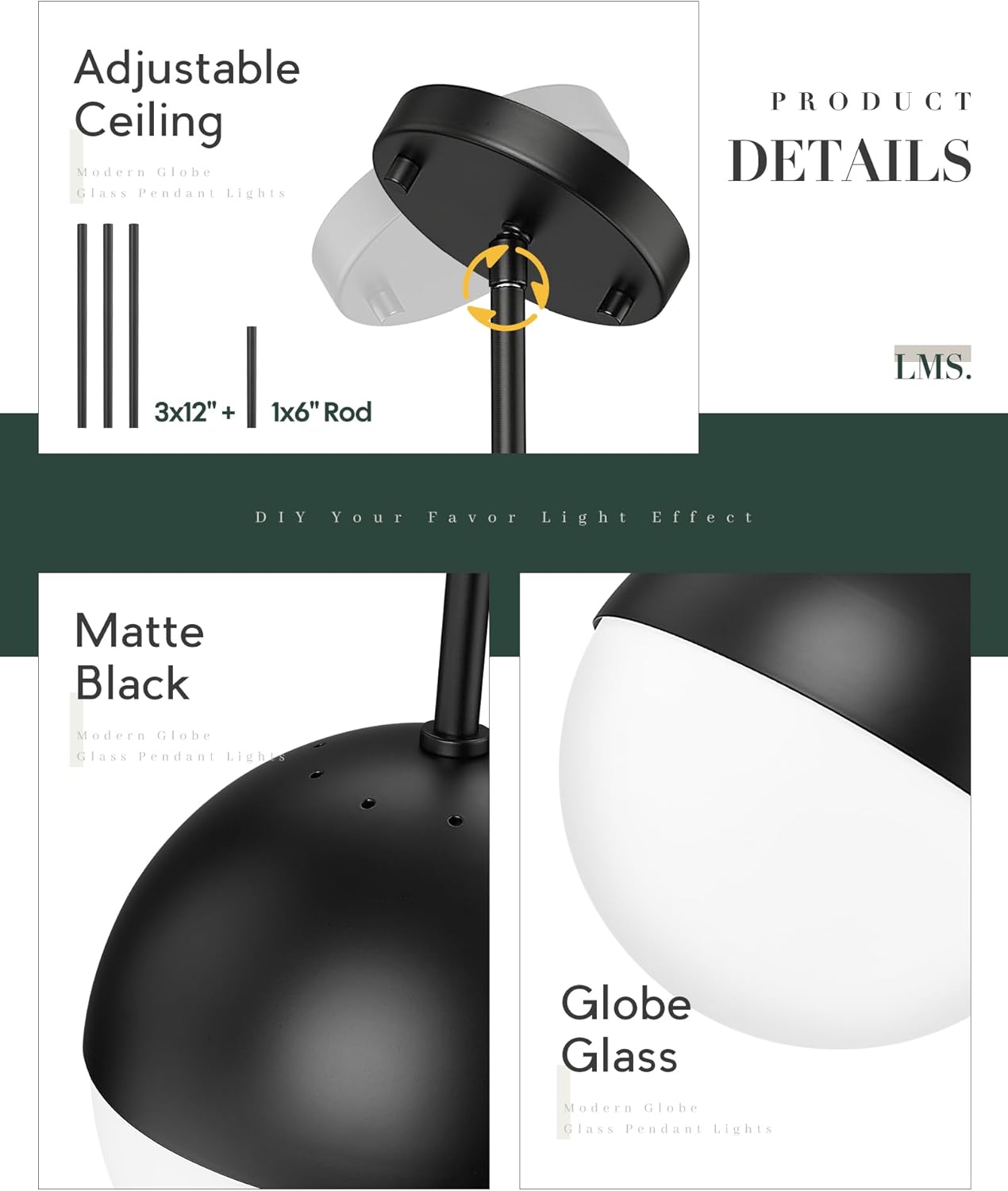 LMS 8-inch Black Pendant Lights Kitchen Island, Modern Globe Pendant Light with Frosted Glass, Contemporary Mid Century Hanging Light Fixture for Kitchen Island Sink Bedroom Bathroom, LMS-186