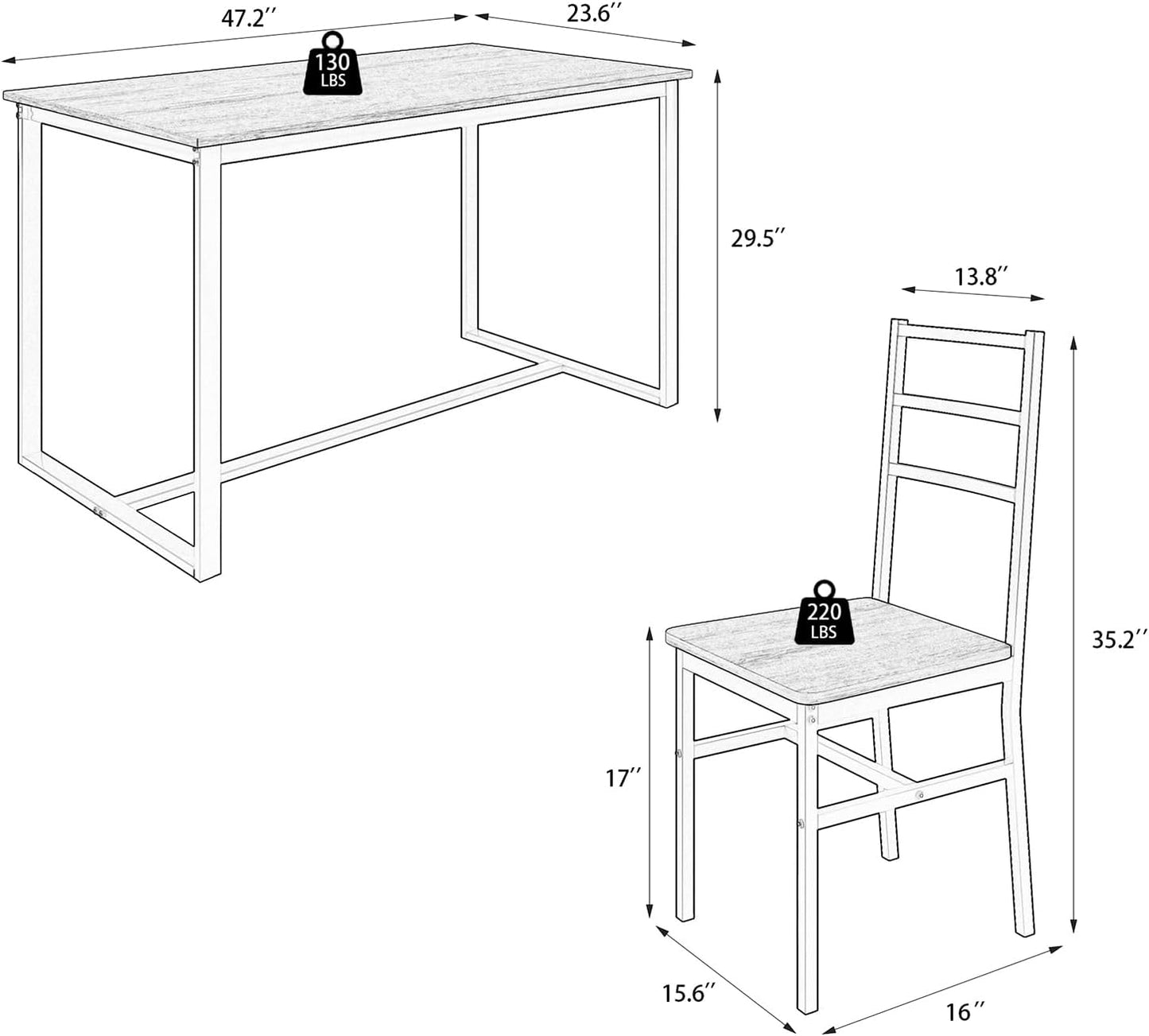 5-Piece Dining Table Set with 4 Chairs, 47.2" Kitchen Table Chairs Set of 4, Rectangular Industrial Style Dining Room Table Set with Backrest, Perfect for Small Space, White Oak