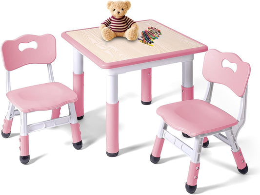 Kids Table and 2 Chairs Set, Height Adjustable Toddler Study Table and Chair Set, Kid Size for Ages 3-8 Children, Graffiti Desktop, Easy to Wipe/Arts & Crafts, Homes/Classrooms/Daycare (Pink)