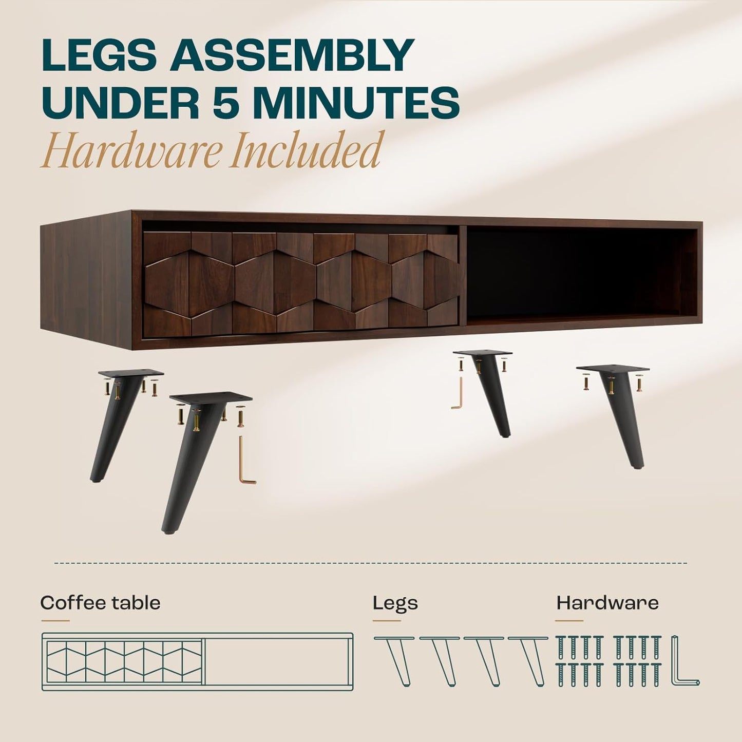 Bme Georgina Solid Wood Coffee Tables for Living Room, Coffee Table Mid Century Modern with 2 Symmetrical Storage Drawers & Geometric Details, Fully Assembled Center Table, Walnut