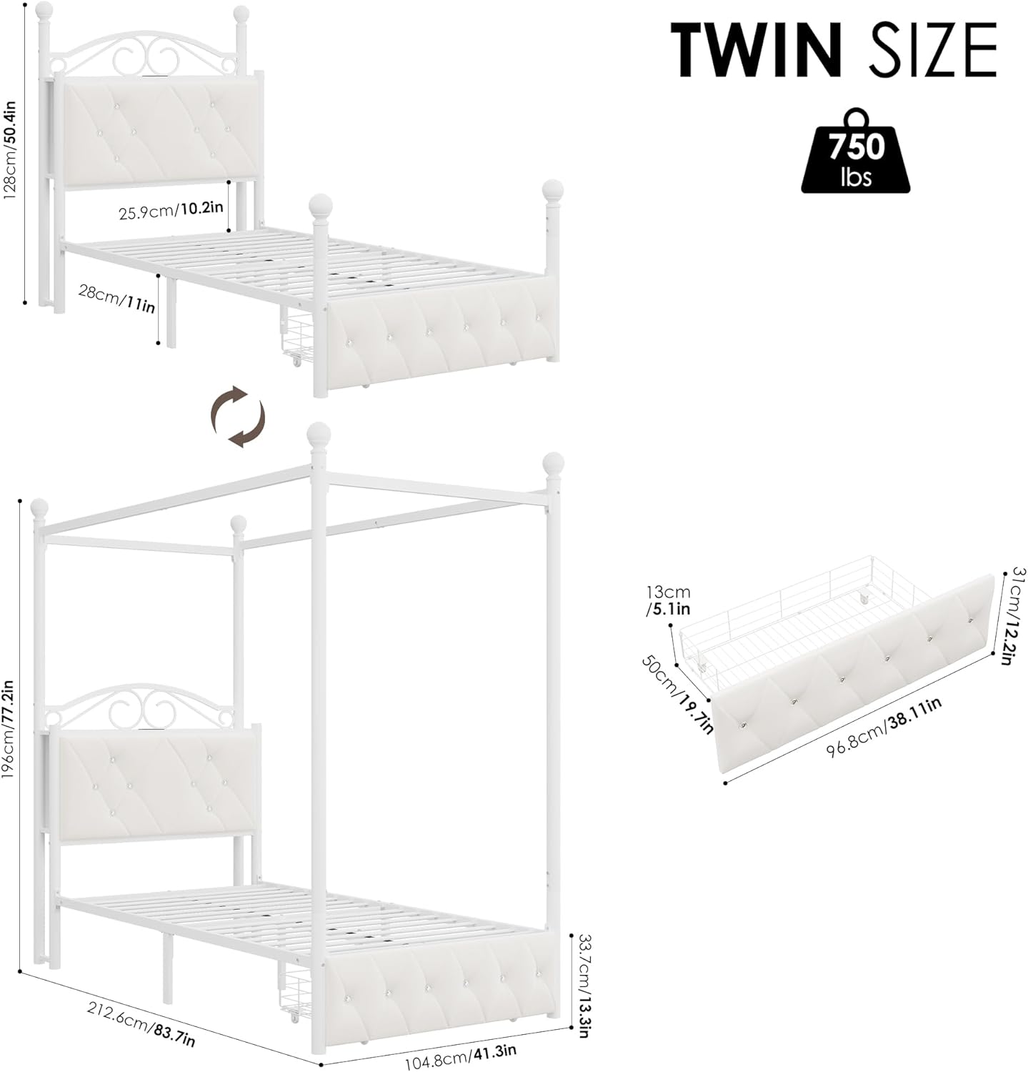 Keyluv Twin Upholstered Canopy Bed Frame with Drawer & Crystal Tufted Storage Headboard Metal Platform Bed with Charging Station & 4 Removable Posts No Box Spring Needed Curtain Not Included, Beige