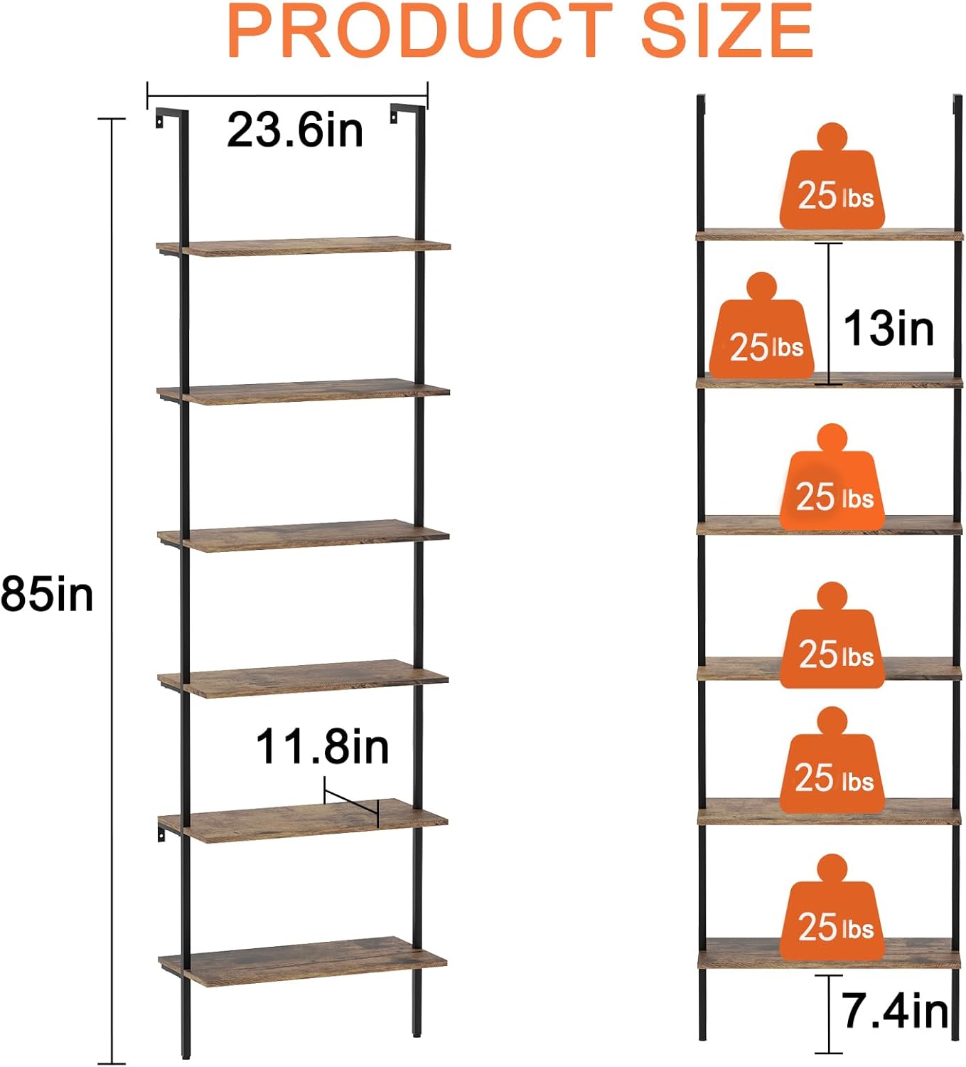 Bookcase Rustic Brown 6 Tiers Modern Bookshelf Room Organizer Open Tall Wall Mount Bookcase Standing Leaning Wall Shelves Industrial Decorative Living Room Bed Room (Rustic Brown)