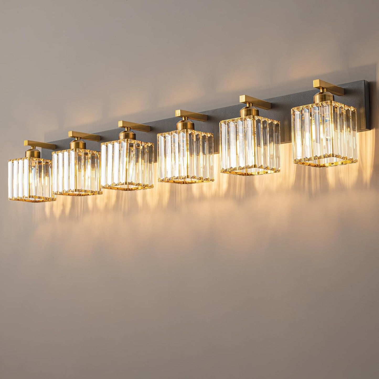 Modern Bathroom Vanity Light 6-Lights Black Gold Crystal Bathroom Wall Light Vanity Light Fixtures，44.09-inch Modern Minimalist Design