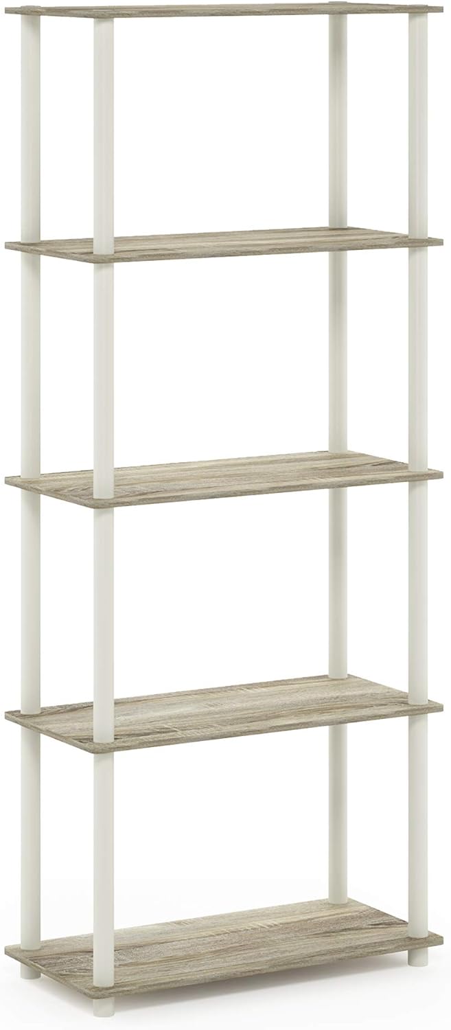 Furinno Turn-N-Tube 5-Tier Multipurpose Shelf / Display Rack / Storage Shelf / Bookshelf, Round Tubes, Sonoma Oak/White