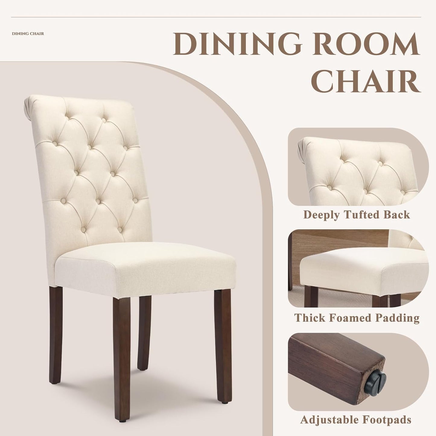 COLAMY Tufted Dining Chairs Set of 4, Accent Parsons Diner Chair Upholstered Fabric Stylish Kitchen Chairs with Solid Wood Legs and Padded Seat, Beige