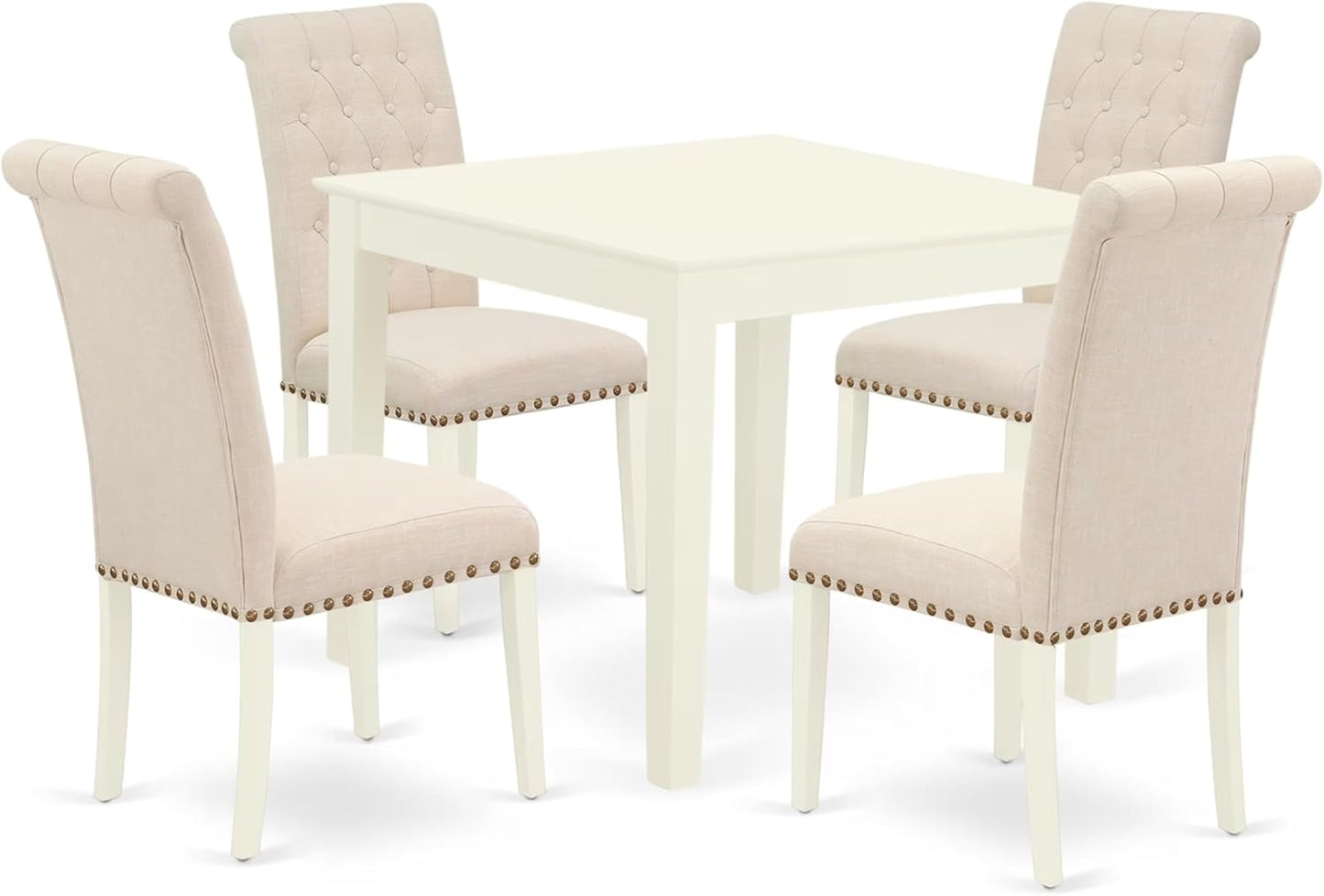 East West Furniture OXBR5-LWH-02 5 Piece Kitchen Table Set for 4 Includes a Square Dining Room Table and 4 Light Beige Linen Fabric Upholstered Parson Chairs, 36x36 Inch, Linen White