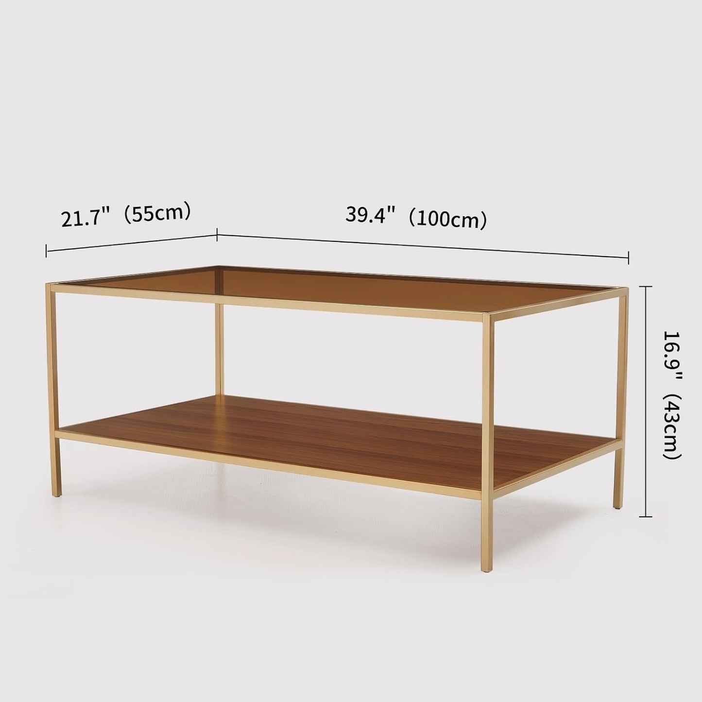 Glass Coffee Table for Living Room and Bedroom, 2-Tier Mid-Century Modern Table with Amber Tempered Glass Top and Walnut Finish Wood Shelf, Metal Legs with Gold Finish