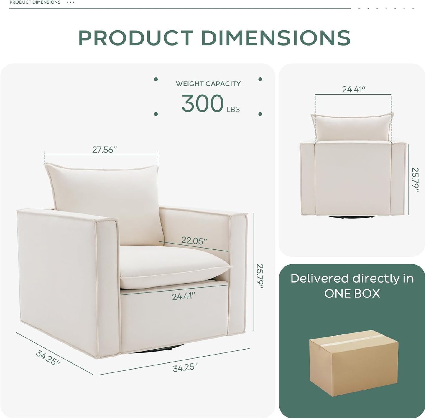 COLAMY Swivel Accent Chair, 34 Inches Upholstered Arm Chair with Plump Back Pillow, Modern Sofa Living Room Chair for Bedroom, Corner, Reading Beige