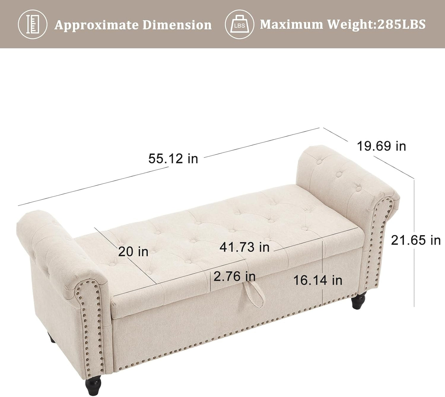 Furniliving 55” End of Bed Bench, Bedroom Bench with Button-Tufted, Large Upholstered Storage Ottoman Entryway Bench with Storage Shoe Cabinet Bench, for Bedroom, Linen, Camel