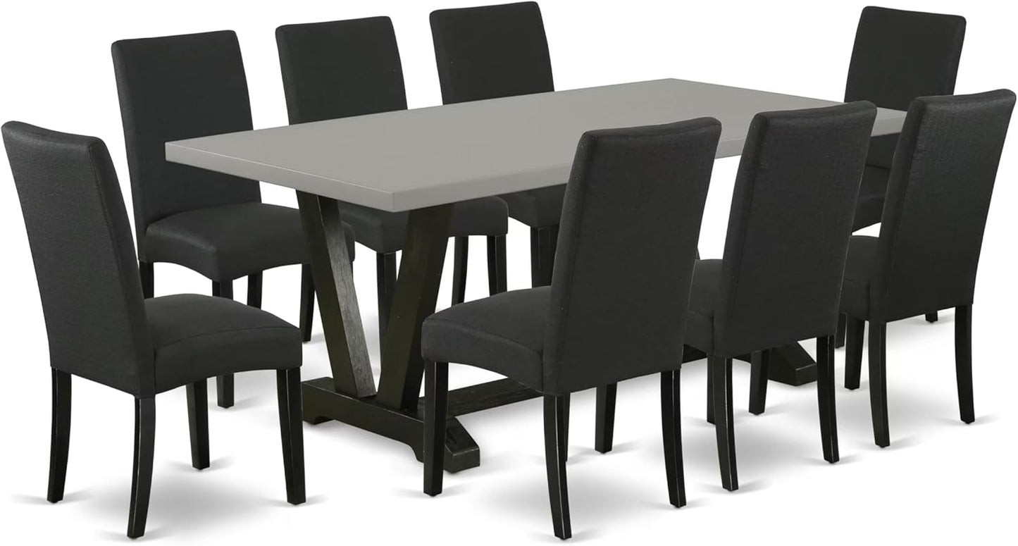East West Furniture V697DR124-9 9 Piece Dining Table Set Includes a Rectangle Dining Room Table with V-Legs and 8 Black Color Linen Fabric Upholstered Chairs, 40x72 Inch, Multi-Color