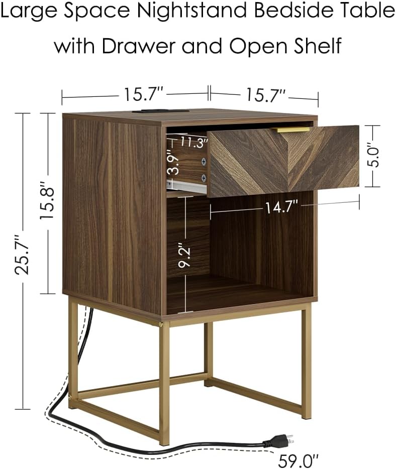 Masupu Extra Large Nightstand with Charging Station,Boho Night Stand Modern Farmhouse Wood Bedside Table with Storage Drawer and Open Shelf,Side End Table for Bedroom,Living Room,Office Brown