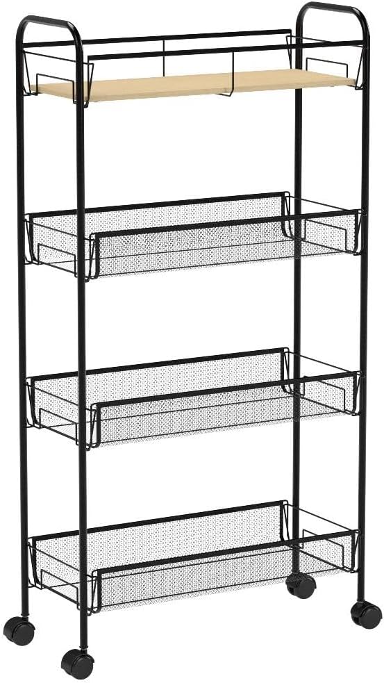 KINGRACK 4-Tier Slim Rolling Cart,Metal Utility Cart,Slide Out Storage Cart with Wooden Tabletop and Mesh Baskets for Narrow Space on Kitchen Bathroom Laundry Room Bedroom Apartments Dormitory, Black