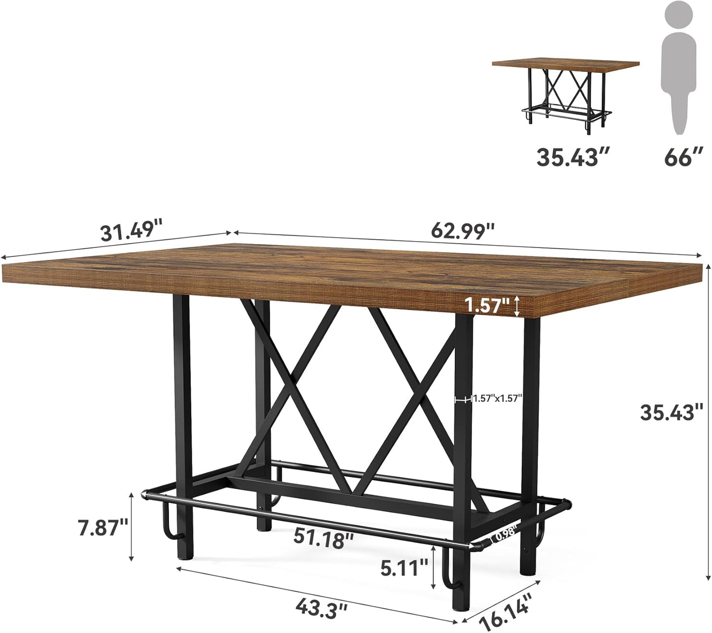 LITTLE TREE 63-Inch Industrial Bar Table with Metal Footrest, Counter Height Pub Table for Kitchen, Home Bar & Entertaining (Brown)