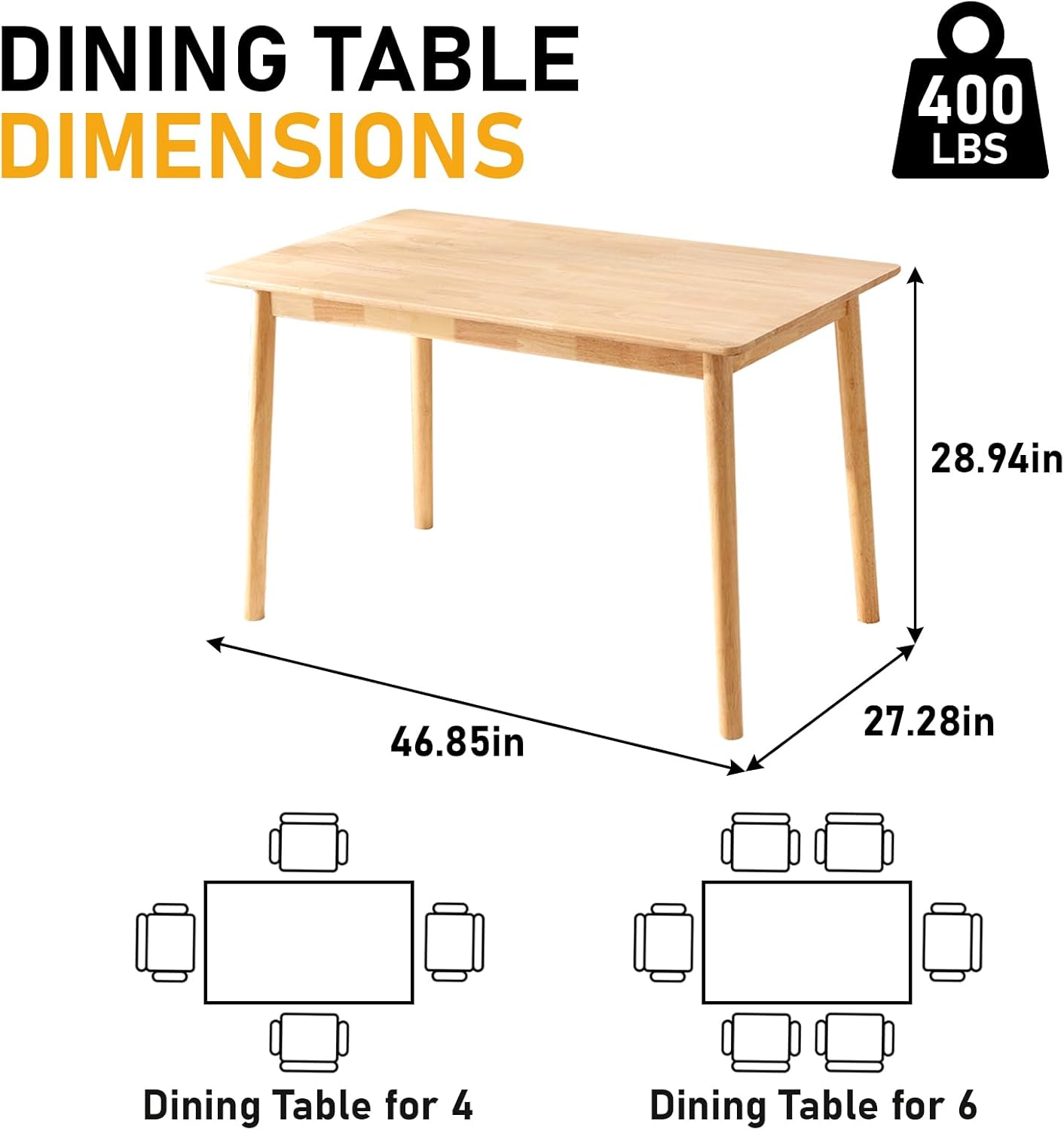 BAKEVE Dining Table for 4-6 Person- 47.2'' Solid Wood Kitchen Table, Mid Century Modern Desk, Farmhouse Rectangular Dining Room Table for Living Room, Office, Kitchen and Study (Natural)