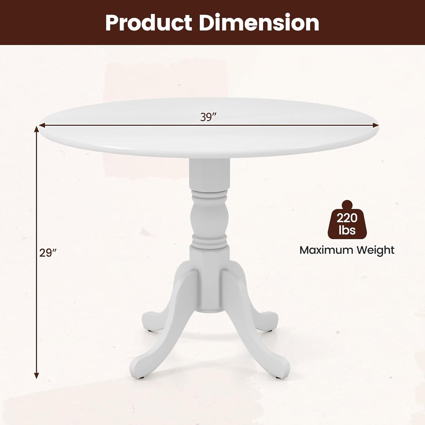 COSTWAY Round Dining Table for 4, 39-inch Wooden Kitchen Table with Solid Rubber Wood Frame, Curved Trestle Legs, Adjustable Foot Pads, Mid Century Rustic Dinning Table for Living Room (White)